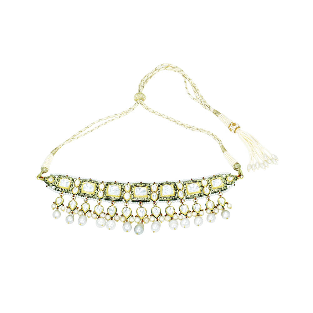 Rectangular Polki Choker with Pearl Fringe and Partash Detailing